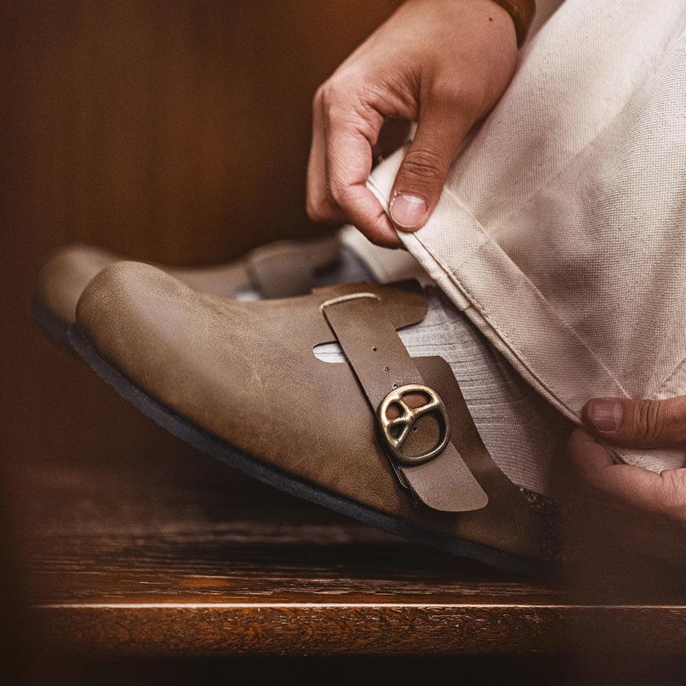 Maden Vintage Colgs - Brown Crazy Horse Leather Mules / Adjustable Slide-On Shoes with Thick Cork Sole