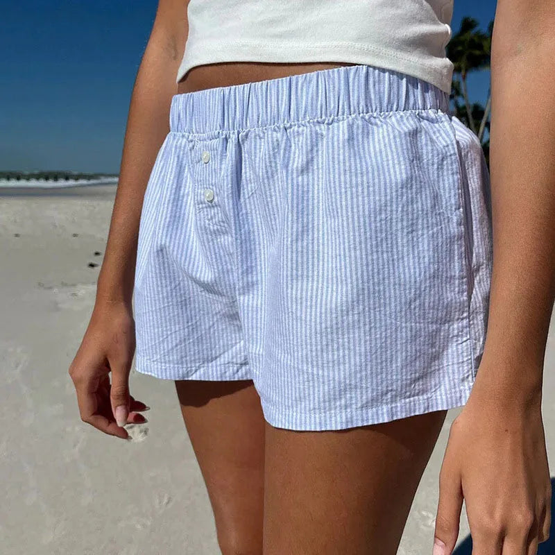 Striped Summer Beach Shorts for Women / Elastic Waist / Blue / Pink
