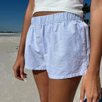 Striped Summer Beach Shorts for Women / Elastic Waist / Blue / Pink