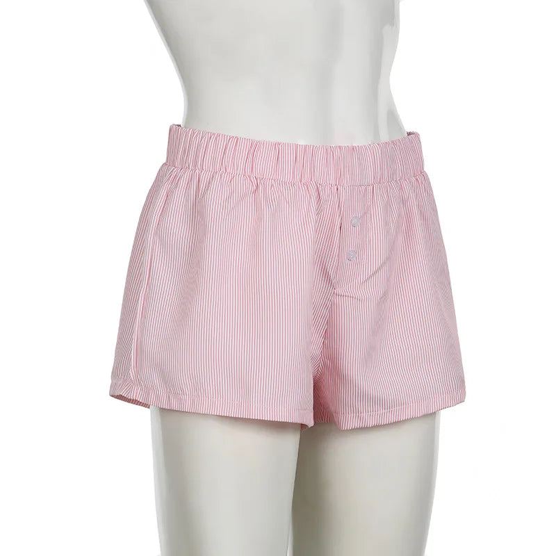 Striped Summer Beach Shorts for Women / Elastic Waist / Blue / Pink