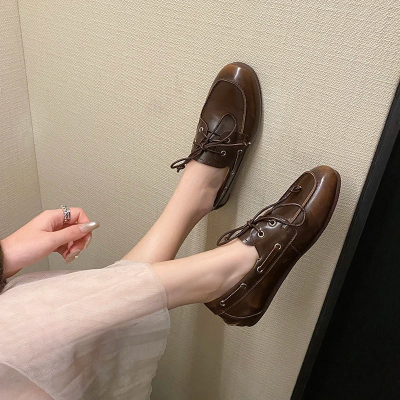 Dilalula 2026 Hot Sale Natural Leather Lace Up Loafers Women Sewing Casual Boat Shoes Female Flat Heel Pumps Lady Walk Flats