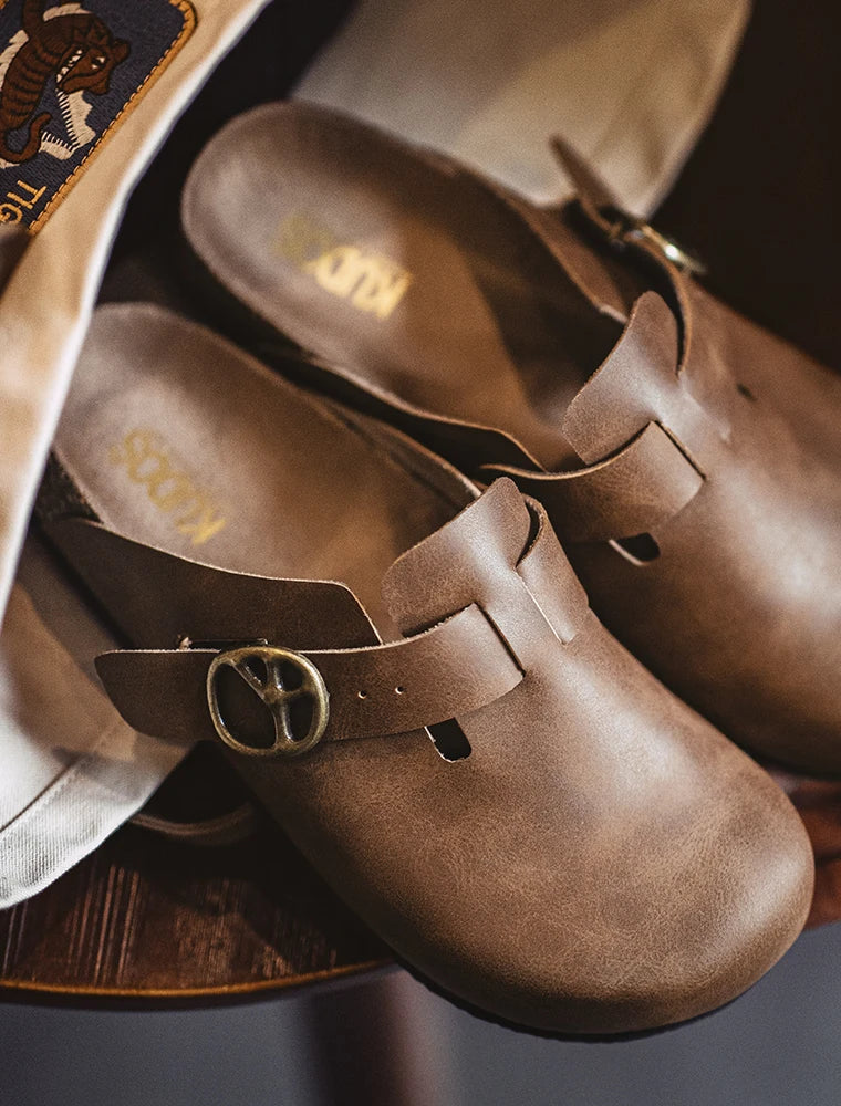 Maden Vintage Colgs - Brown Crazy Horse Leather Mules / Adjustable Slide-On Shoes with Thick Cork Sole
