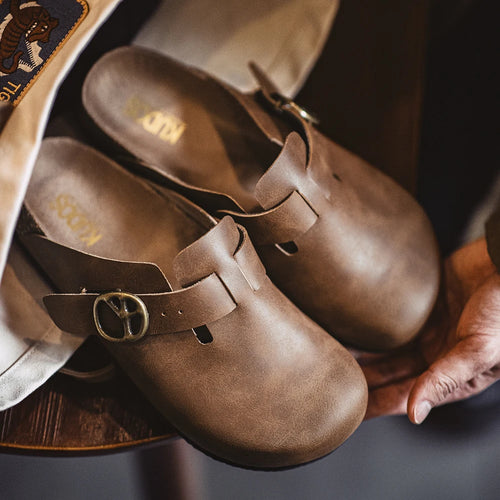 Maden Vintage Brown Crazy Horse Leather Mules Men's Adjustable Slide-On Shoes with Thick Cork Sole Casual Slippers for Summer