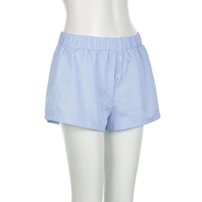 Striped Summer Beach Shorts for Women / Elastic Waist / Blue / Pink