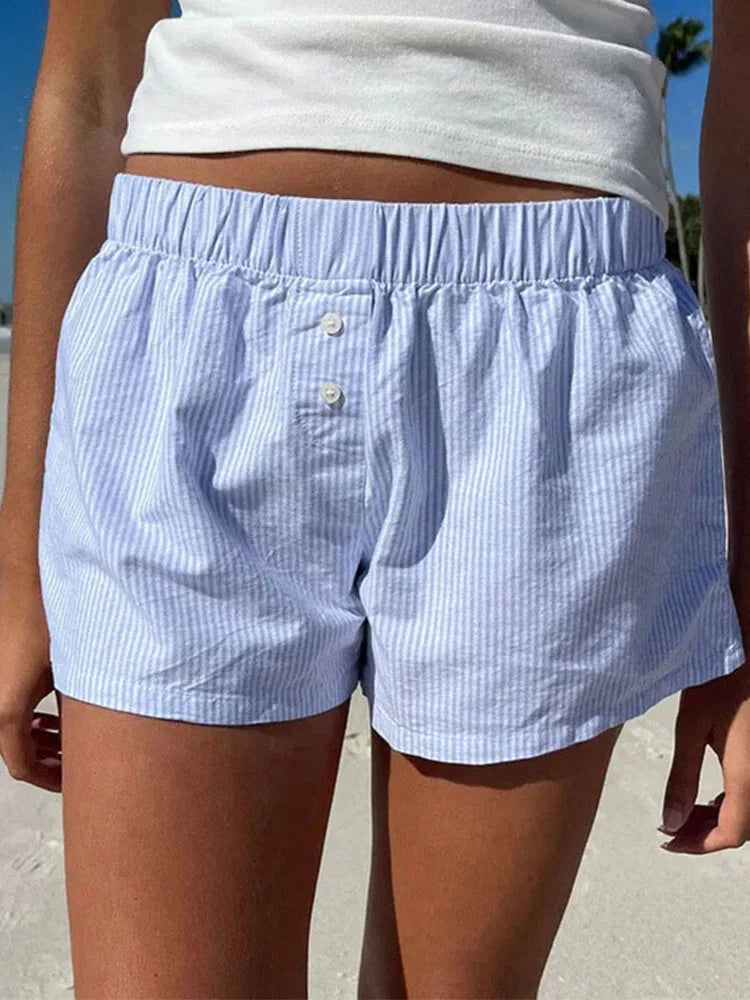 Striped Summer Beach Shorts for Women / Elastic Waist / Blue / Pink