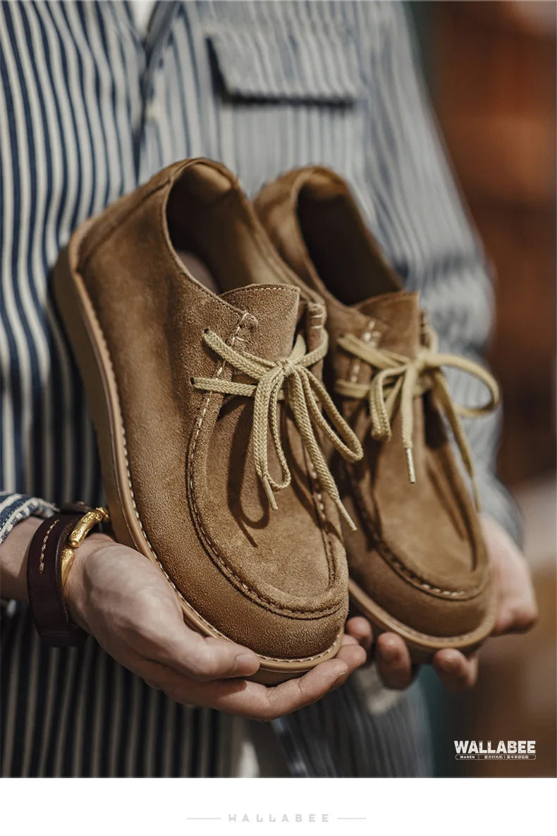 Maden Vintage Khaki Split Suede Low-top Boots Casual Loafers Soft Sole Dress Shoes Lace-up Classic Shoes for Men's Spring Autumn