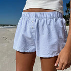 Striped Summer Beach Shorts for Women / Elastic Waist / Blue / Pink