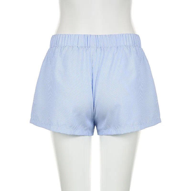 Striped Summer Beach Shorts for Women / Elastic Waist / Blue / Pink