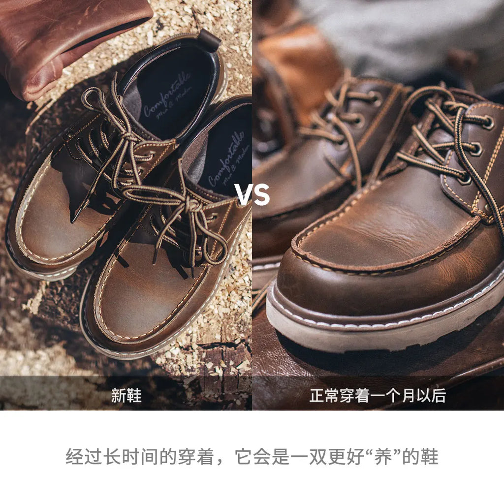 Maden Men's Vintage Dress Shoes Brown Round Toe Derby Shoes Casual Lace-up Low Top Work Boots for Office Business