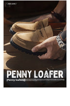 Maden Men's Vintage Suede Cowhide Penny Loafers Old Money Style Slip-On Shoes Brown Dress Casual Low Top Boots for Fall