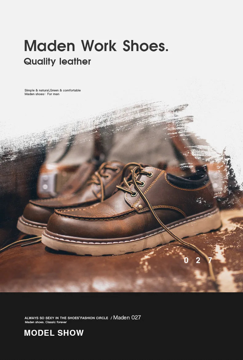 Maden Men's Vintage Dress Shoes Brown Round Toe Derby Shoes Casual Lace-up Low Top Work Boots for Office Business