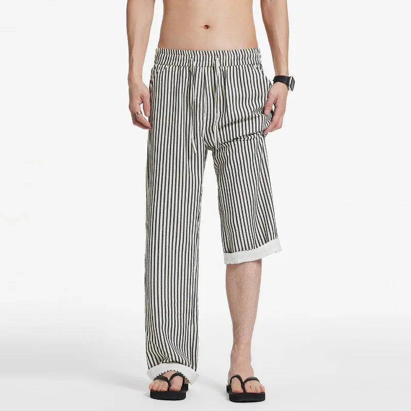 Summer Men's Striped Pants / Breathable Straight Wide Leg Casual Fit