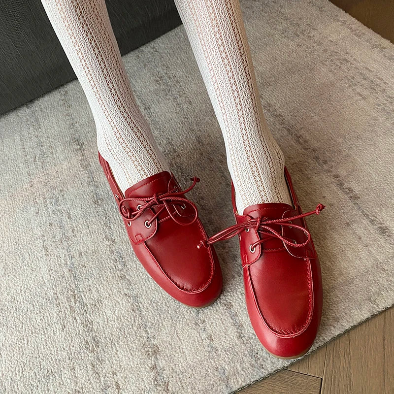 Dilalula 2026 Hot Sale Natural Leather Lace Up Loafers Women Sewing Casual Boat Shoes Female Flat Heel Pumps Lady Walk Flats