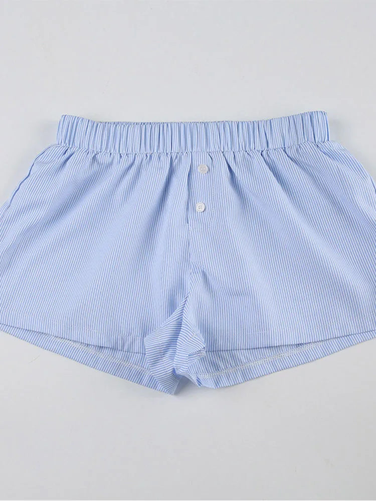 Striped Summer Beach Shorts for Women / Elastic Waist / Blue / Pink