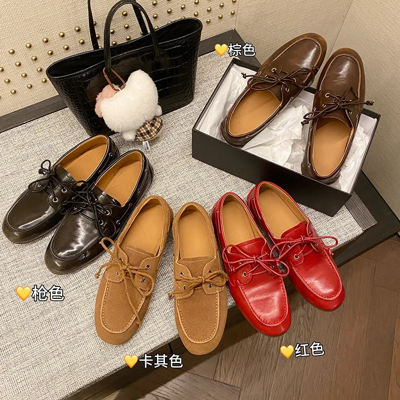 Dilalula 2026 Hot Sale Natural Leather Lace Up Loafers Women Sewing Casual Boat Shoes Female Flat Heel Pumps Lady Walk Flats