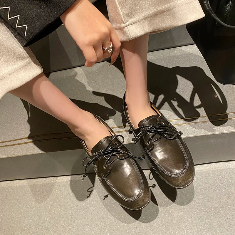 Dilalula 2026 Hot Sale Natural Leather Lace Up Loafers Women Sewing Casual Boat Shoes Female Flat Heel Pumps Lady Walk Flats