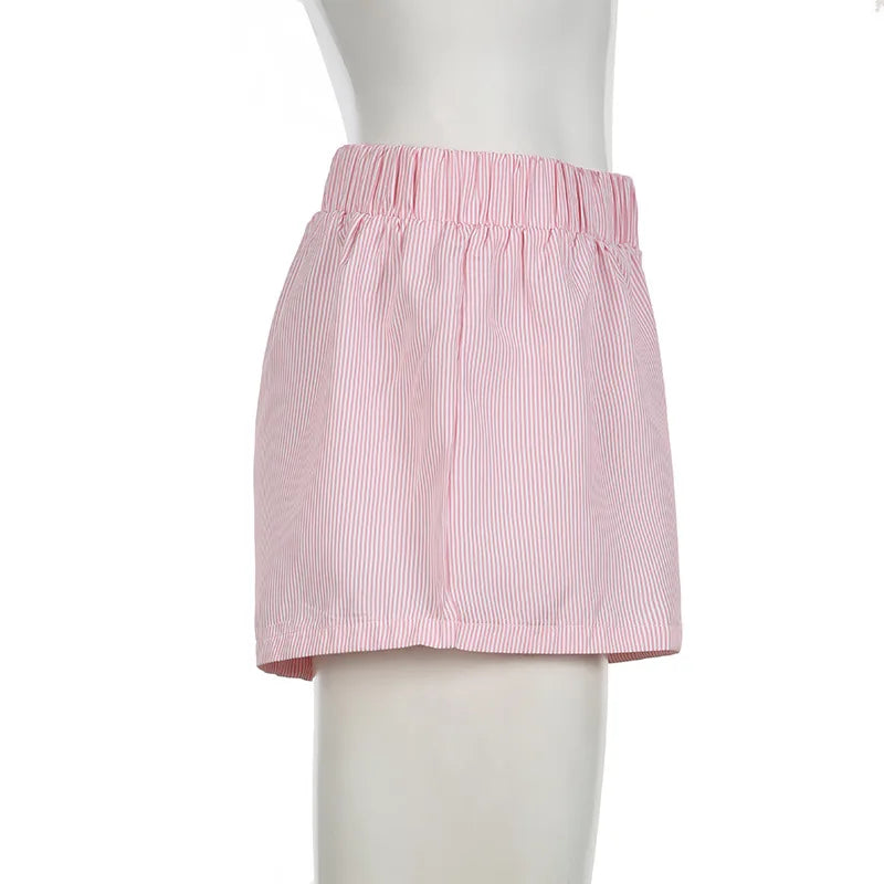 Striped Summer Beach Shorts for Women / Elastic Waist / Blue / Pink