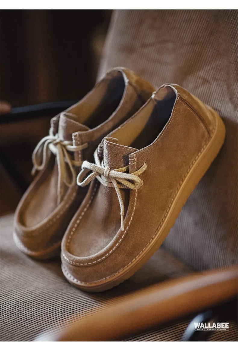 Maden Vintage Khaki Split Suede Low-top Boots Casual Loafers Soft Sole Dress Shoes Lace-up Classic Shoes for Men's Spring Autumn