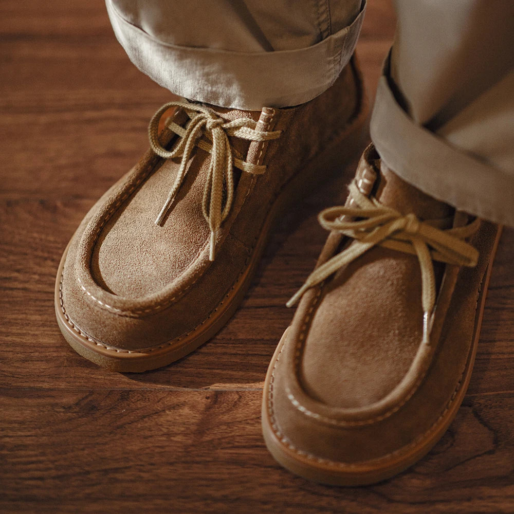 Maden Vintage Khaki Split Suede Low-top Boots Casual Loafers Soft Sole Dress Shoes Lace-up Classic Shoes for Men's Spring Autumn