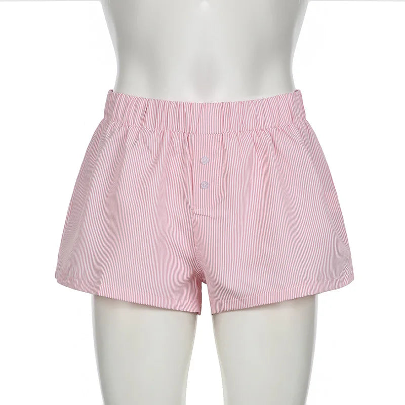 Striped Summer Beach Shorts for Women / Elastic Waist / Blue / Pink