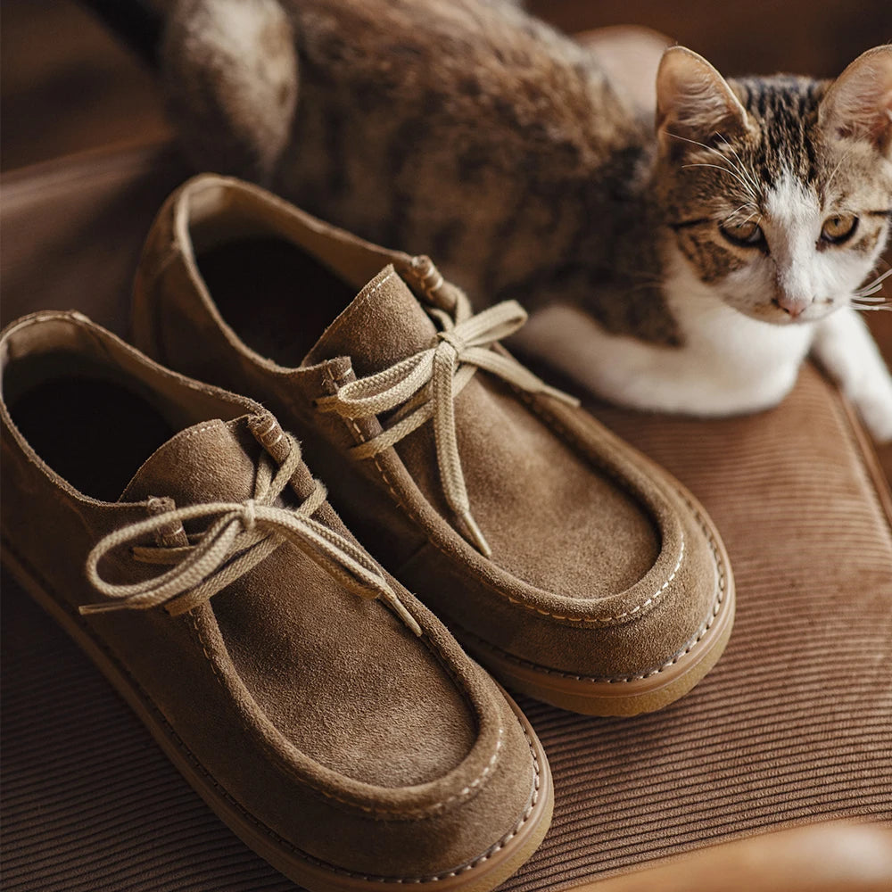 Maden Vintage Khaki Split Suede Low-top Boots Casual Loafers Soft Sole Dress Shoes Lace-up Classic Shoes for Men's Spring Autumn