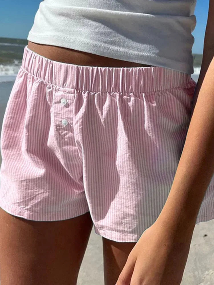 Striped Summer Beach Shorts for Women / Elastic Waist / Blue / Pink