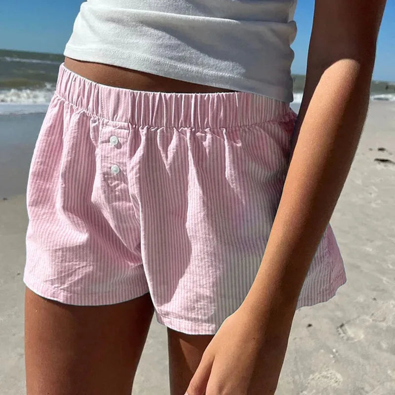 Striped Summer Beach Shorts for Women / Elastic Waist / Blue / Pink