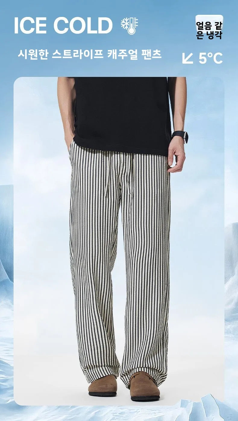 Summer Men's Striped Pants / Breathable Straight Wide Leg Casual Fit