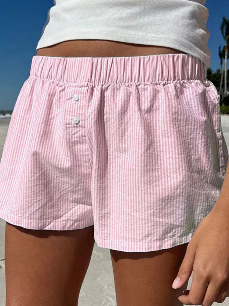 Striped Summer Beach Shorts for Women / Elastic Waist / Blue / Pink