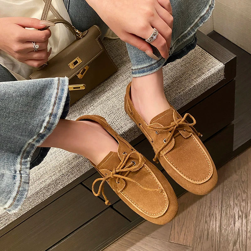 Dilalula 2026 Hot Sale Natural Leather Lace Up Loafers Women Sewing Casual Boat Shoes Female Flat Heel Pumps Lady Walk Flats
