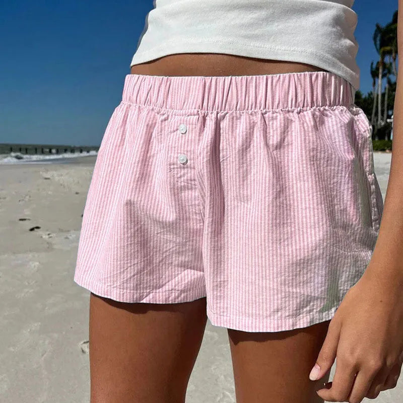 Striped Summer Beach Shorts for Women / Elastic Waist / Blue / Pink