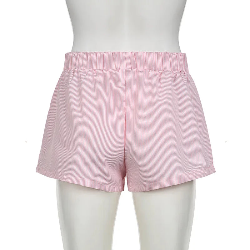 Striped Summer Beach Shorts for Women / Elastic Waist / Blue / Pink