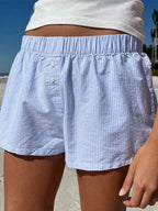 Striped Summer Beach Shorts for Women / Elastic Waist / Blue / Pink