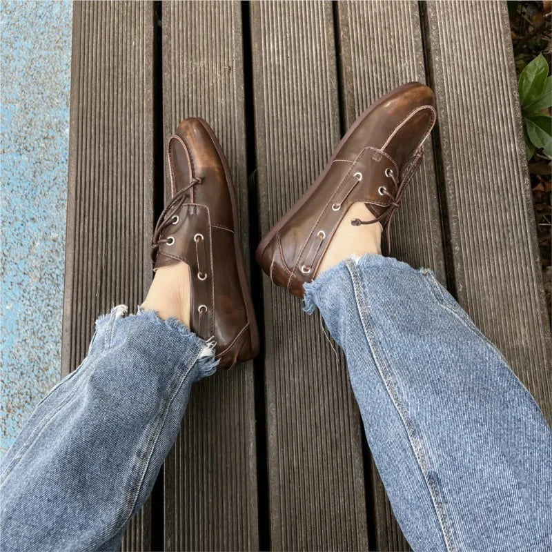 Dilalula 2026 Hot Sale Natural Leather Lace Up Loafers Women Sewing Casual Boat Shoes Female Flat Heel Pumps Lady Walk Flats