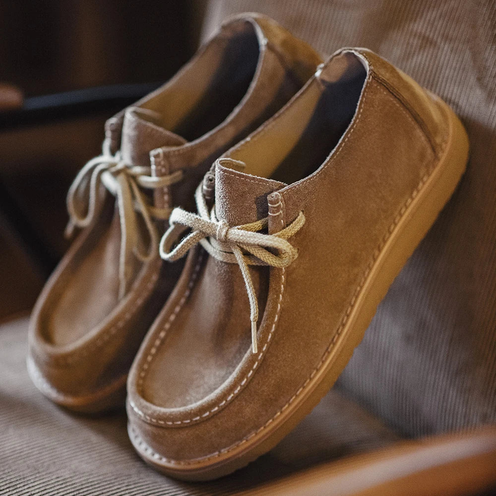 Maden Vintage Khaki Split Suede Low-top Boots Casual Loafers Soft Sole Dress Shoes Lace-up Classic Shoes for Men's Spring Autumn
