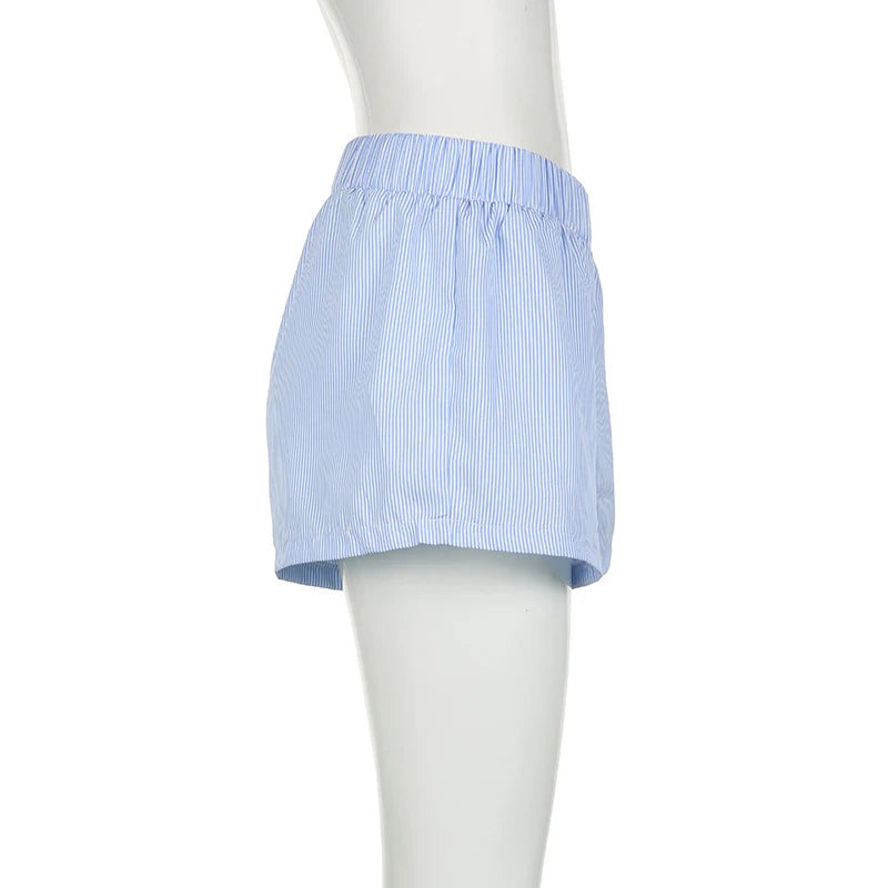 Striped Summer Beach Shorts for Women / Elastic Waist / Blue / Pink