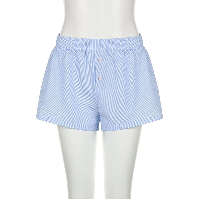 Striped Summer Beach Shorts for Women / Elastic Waist / Blue / Pink