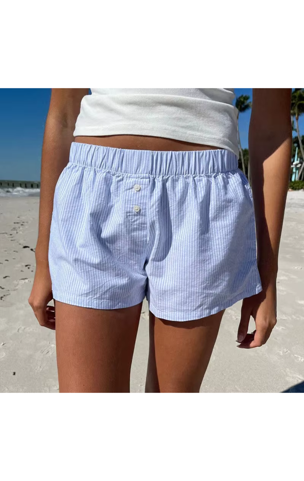 Striped Summer Beach Shorts for Women / Elastic Waist / Blue / Pink