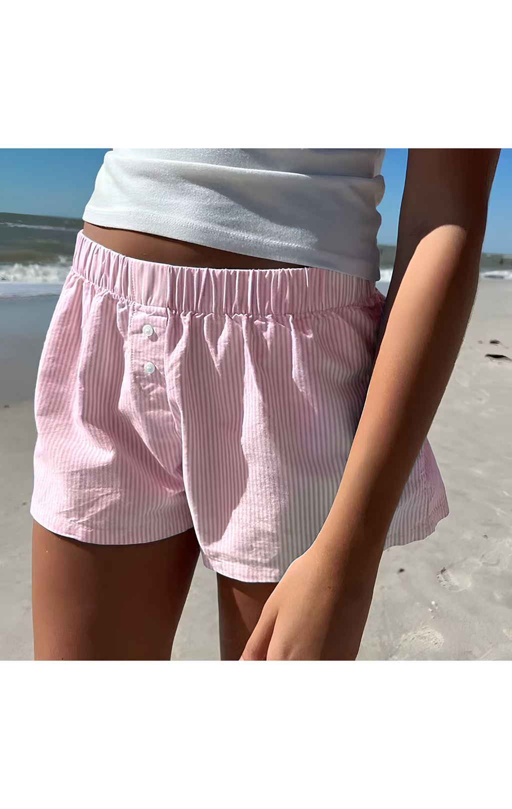 Striped Summer Beach Shorts for Women / Elastic Waist / Blue / Pink