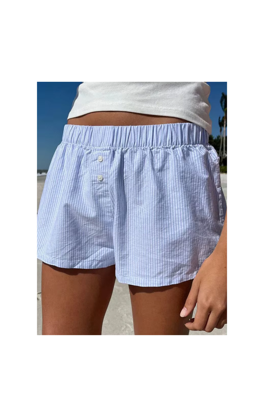 Striped Summer Beach Shorts for Women / Elastic Waist / Blue / Pink
