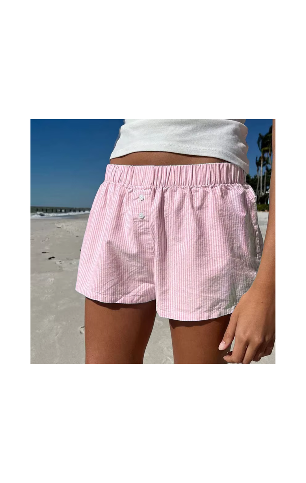 Striped Summer Beach Shorts for Women / Elastic Waist / Blue / Pink